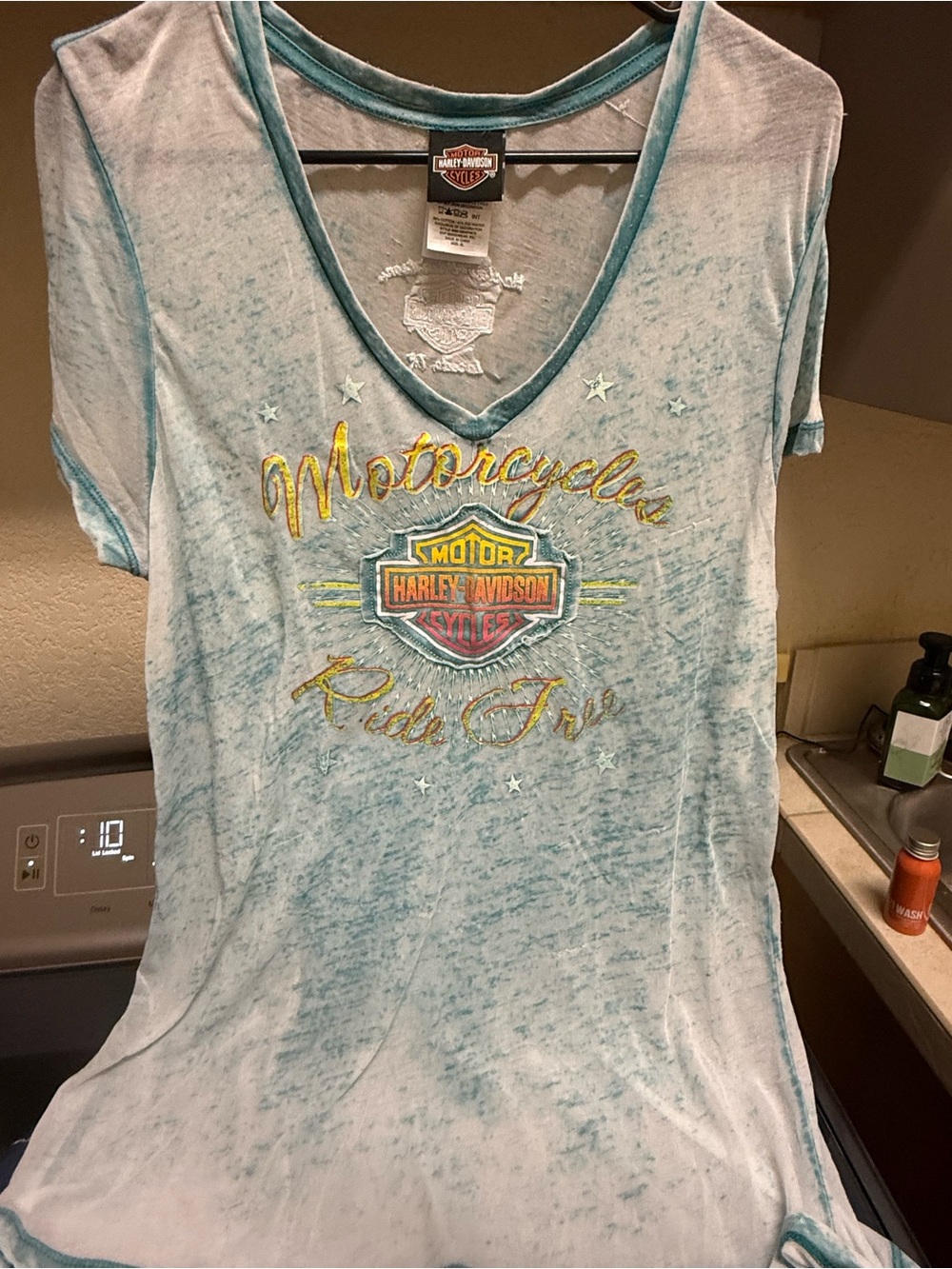 Harley-Davidson Teal Wash V-Neck Tee with Orange Logo